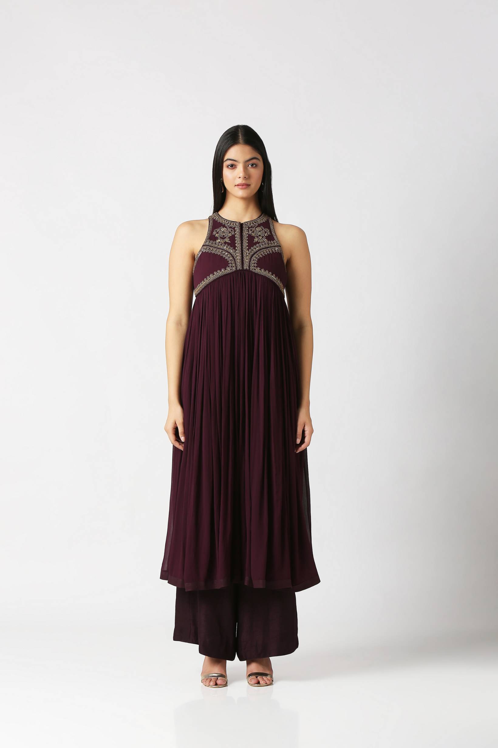 Berry Purple Gathered Kurta with Palazzo Pant