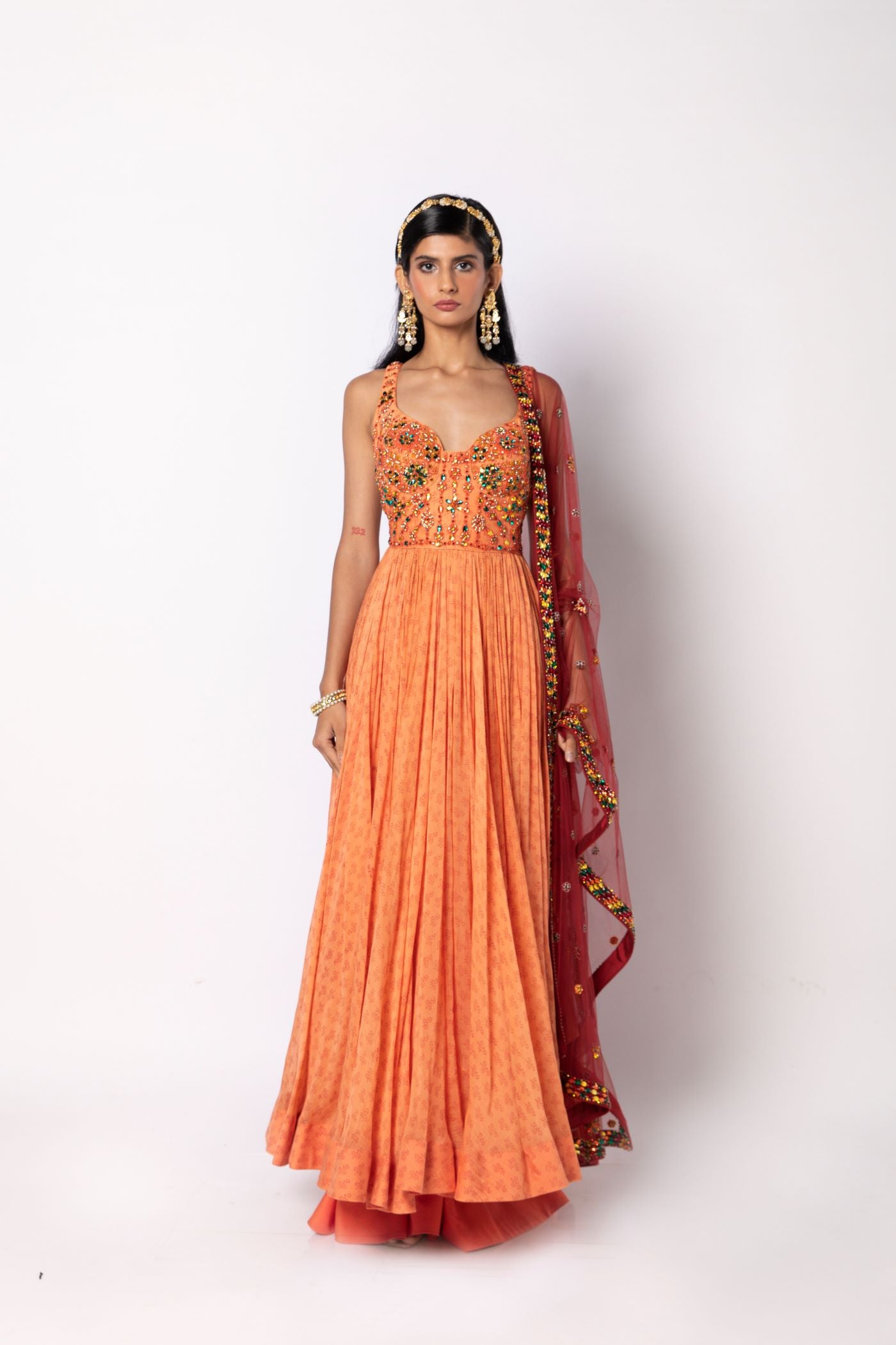 Melon Orange Dress with Pants & Dupatta Set