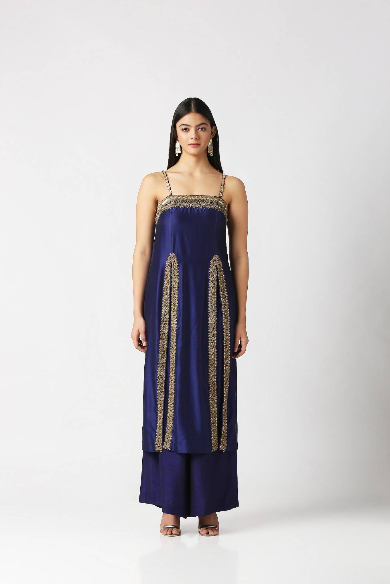 Navy Blue Strap Kurta With Palazzo Set