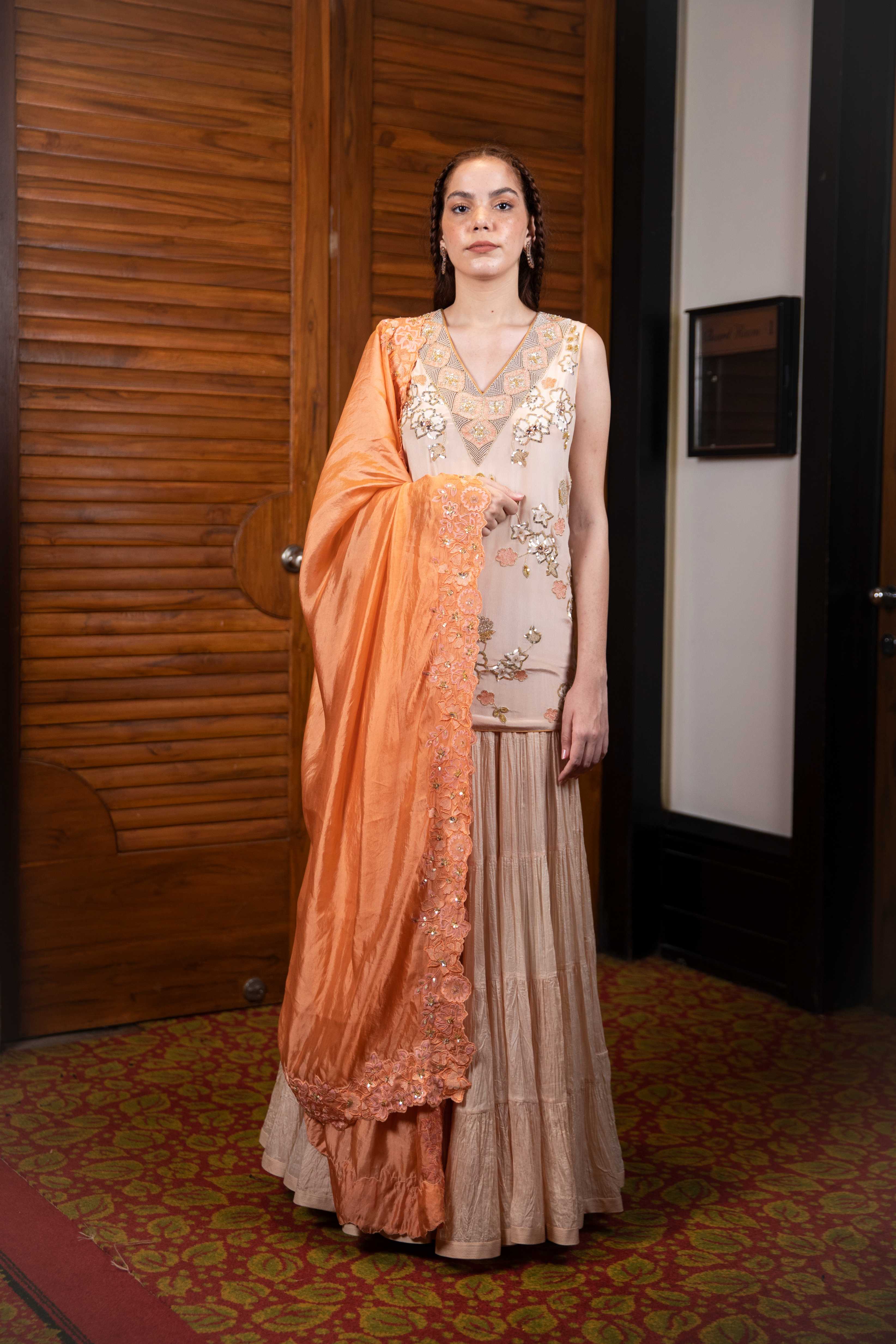 Beige Kurta with Skirt & Dupatta Set
