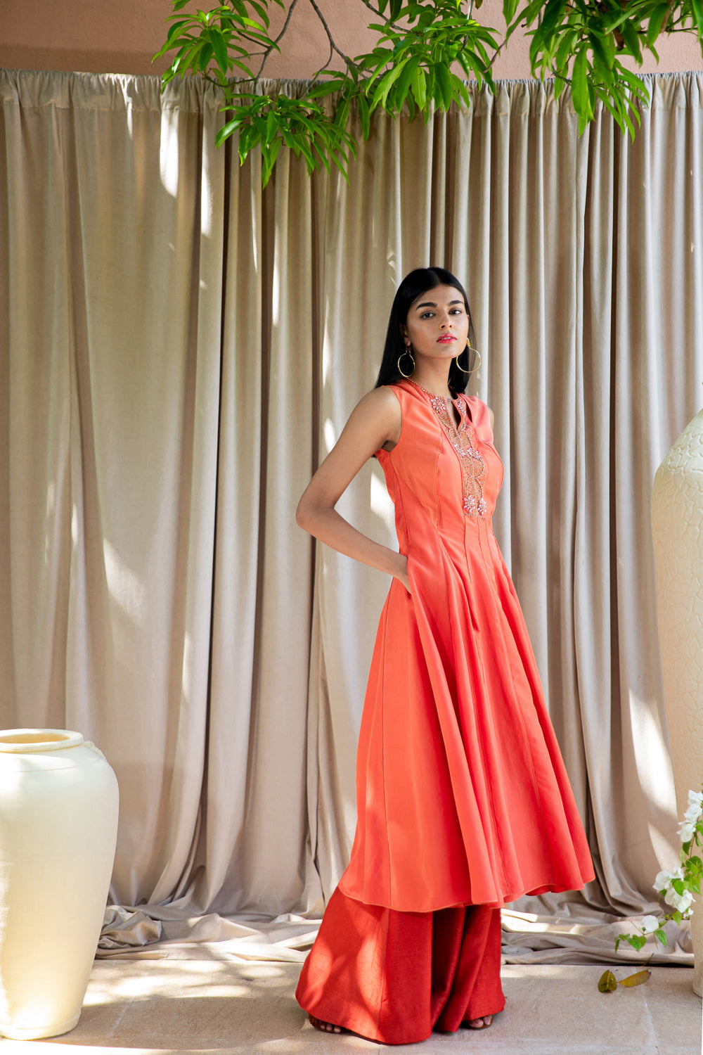 Orange Panelled Kurta with Pallazo Pants