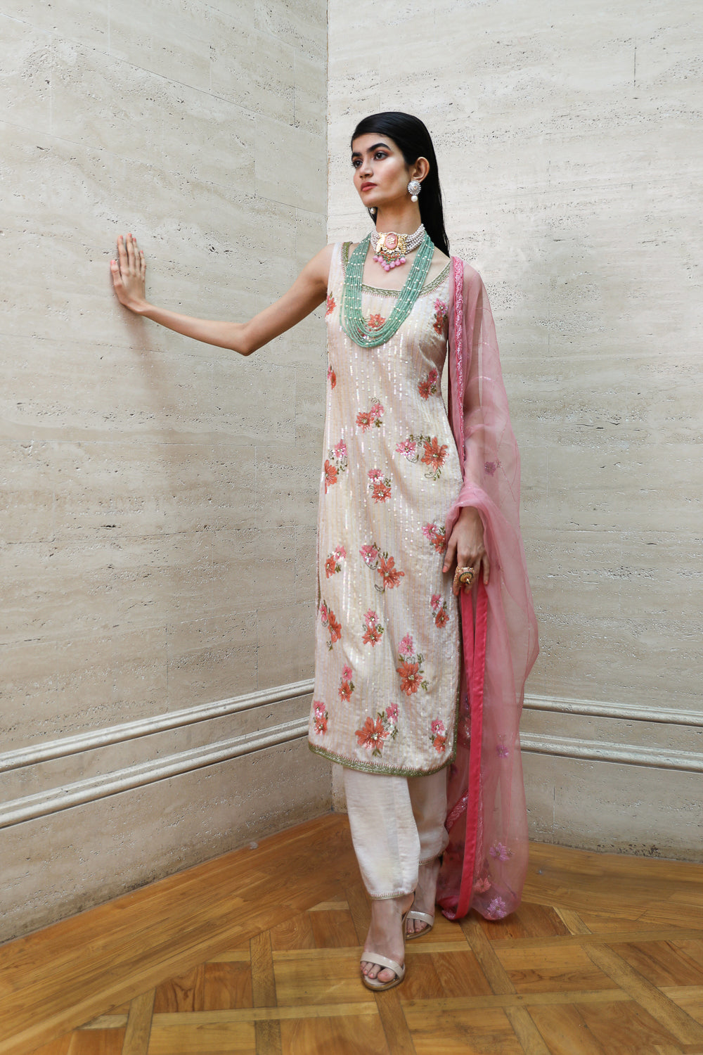 Beige Kurta Palazzo and Dupatta Set
