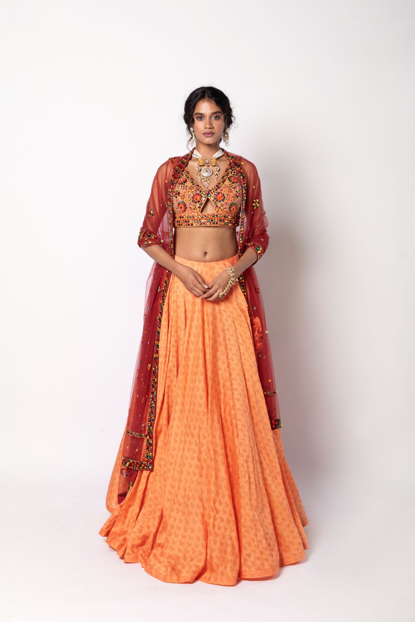 Melon Orange Lehenga with Blouse & Dupatta Set