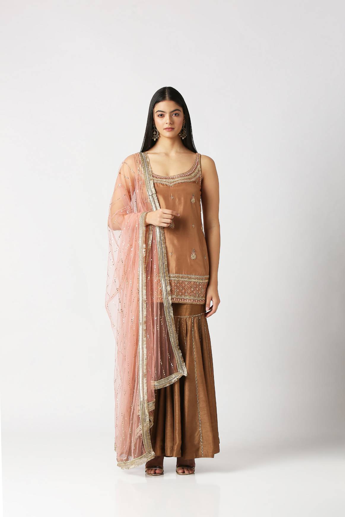 Mocha Brown Short Kurta With Sharara & Dupatta Set