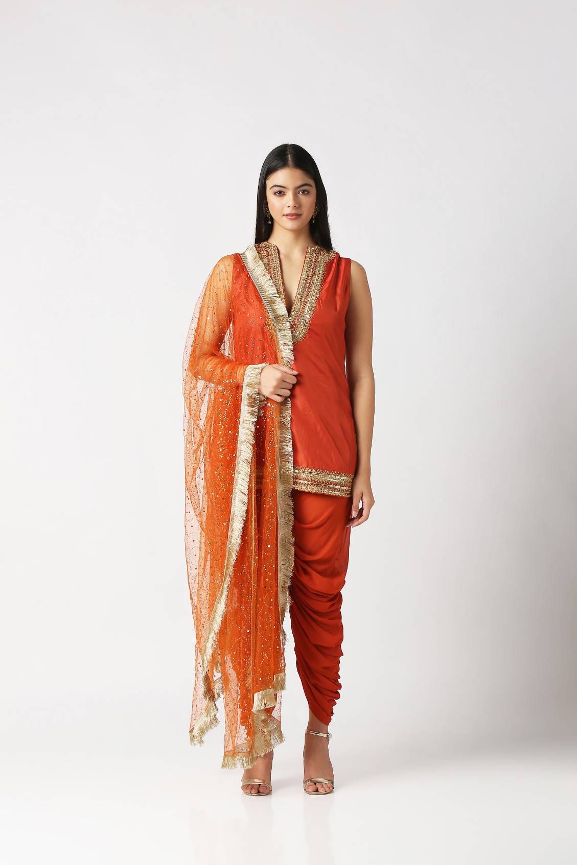 Orangeade Short Kurta With Gathered Patiala and Dupatta Set