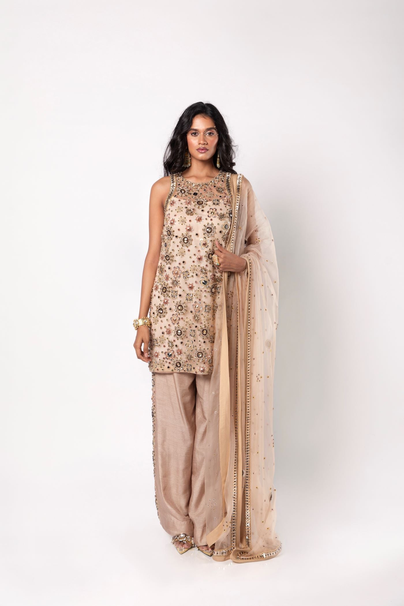 Beige Short Kurta with Straight Pants and Dupatta Set
