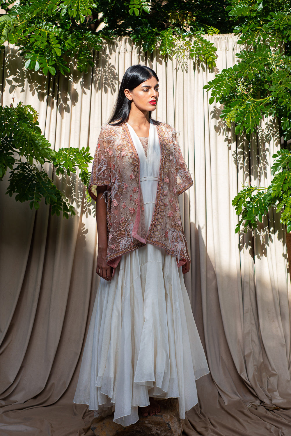 Throw-Jacket with Assymetrical Ivory Dress & Churidar