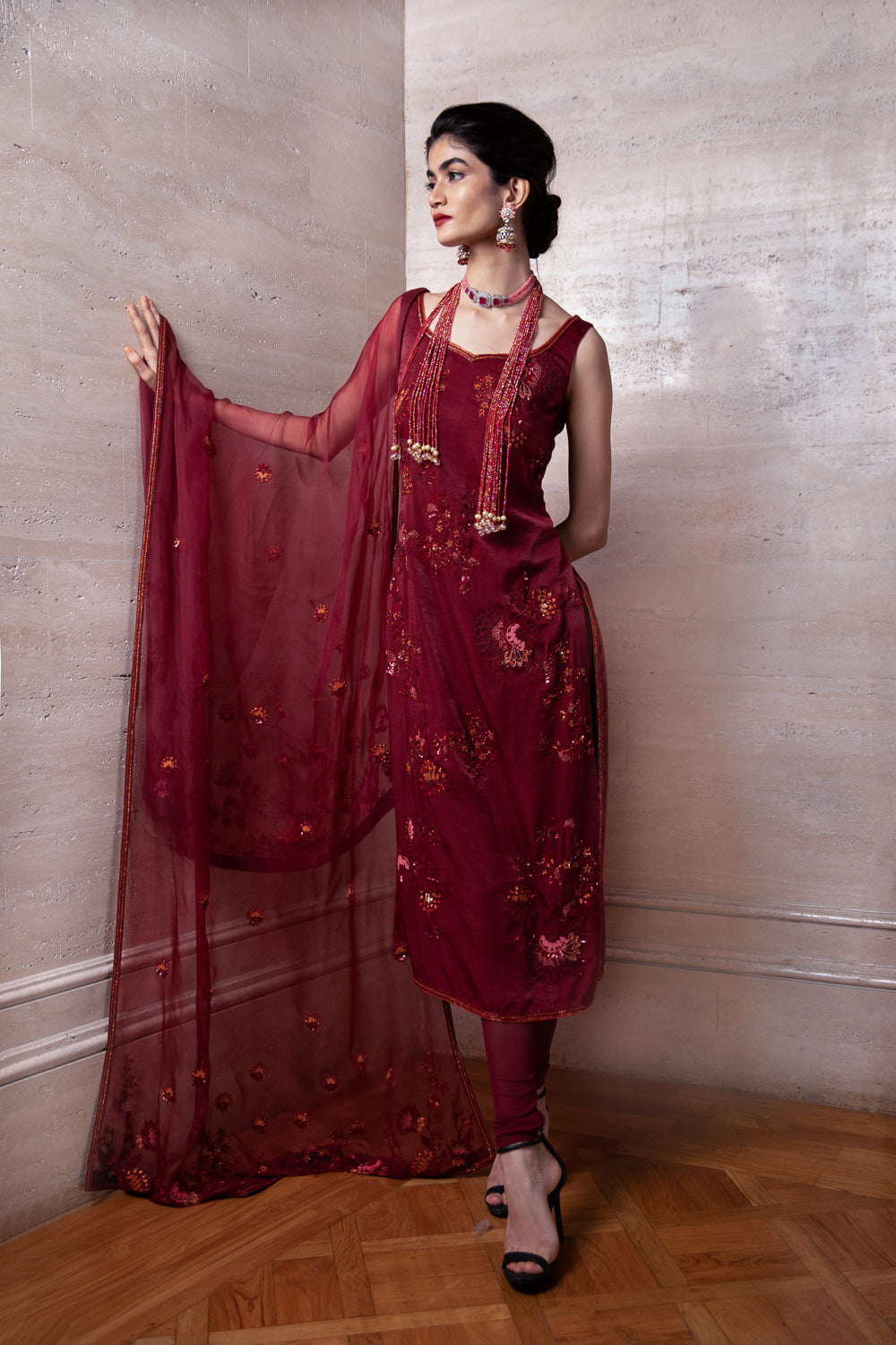 Maroon Kurta Palazzo and Dupatta Set