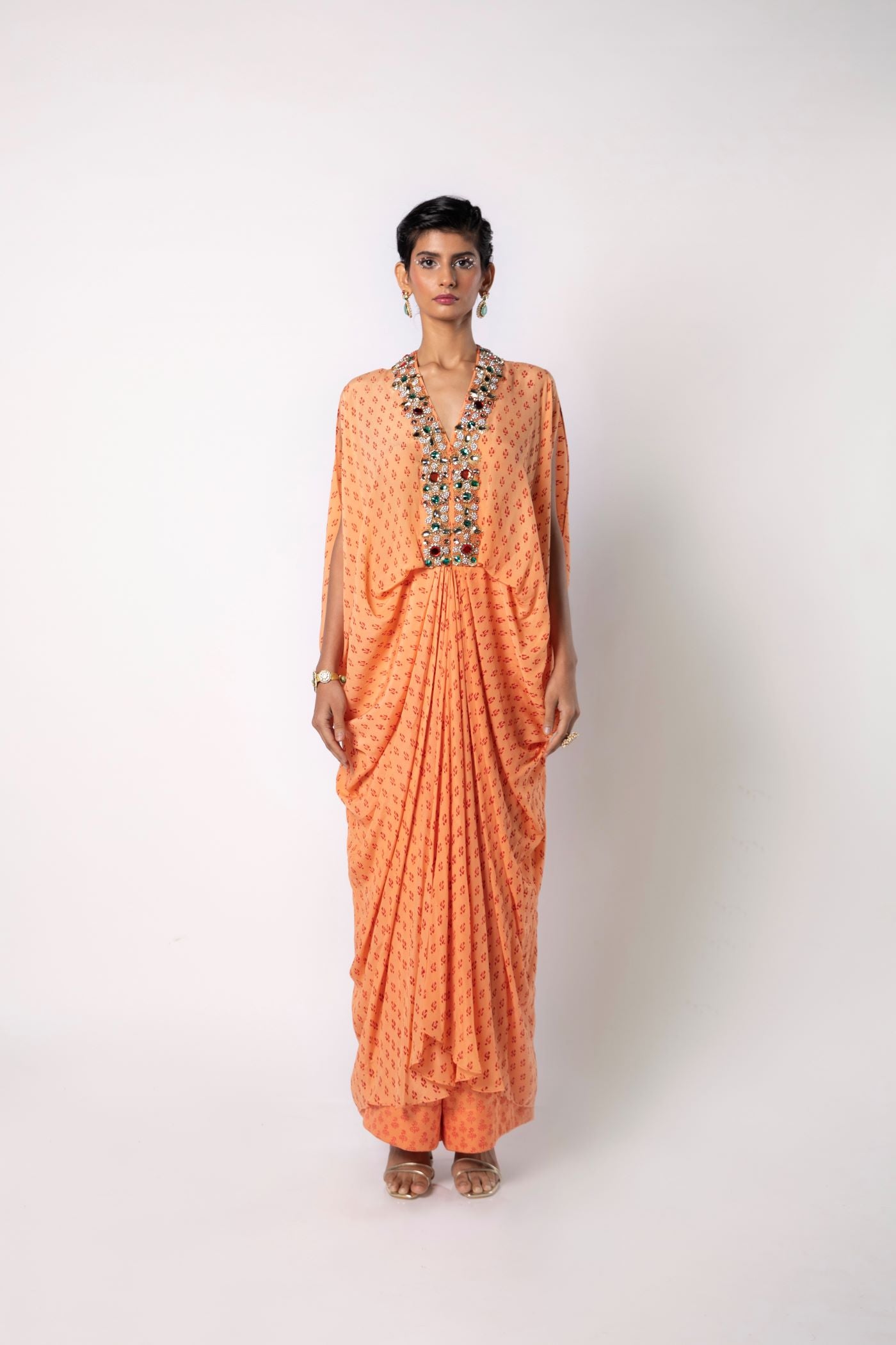 Melon Orange Kaftan with Straight Pants Set