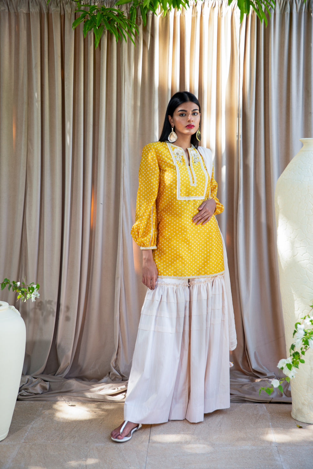 Yellow Short Kurta with Gharara And Dupatta