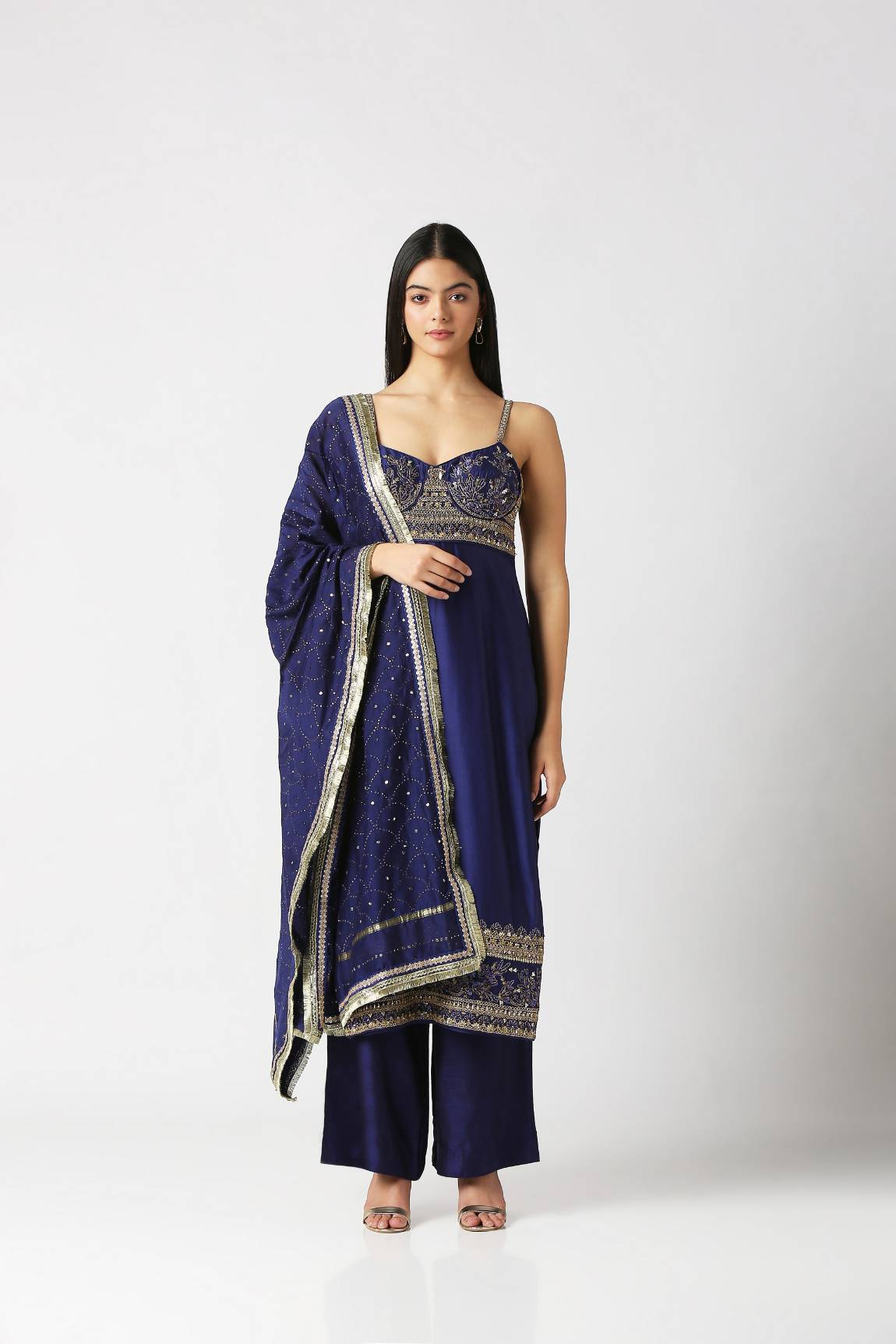 Navy Blue Strap Kurta with Palazzo Pant & Dupatta Set