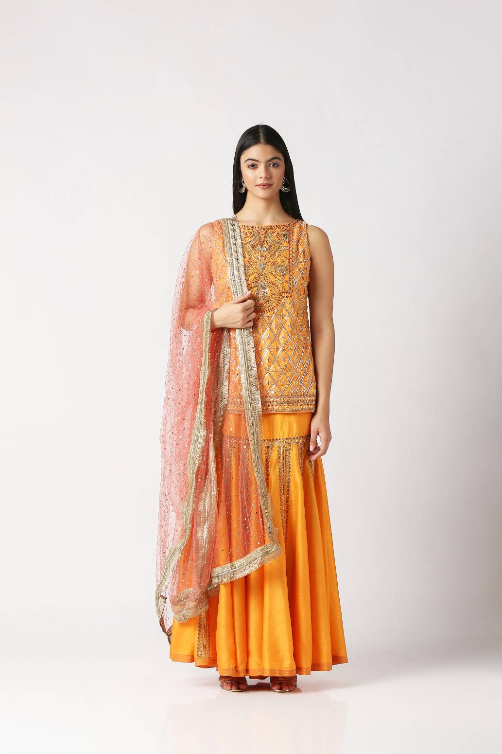 Mango Yellow Short Heavy Kurta with Panelled Sharara Set