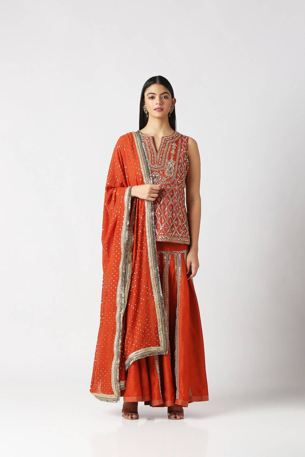 Orangeade Short Kurta And Panelled Sharara Set