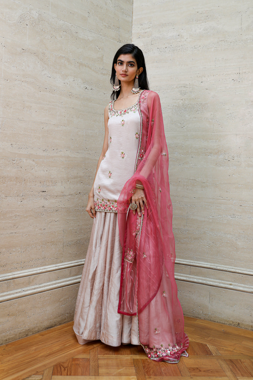 Beige Short Tunic Sharara Dupatta Set