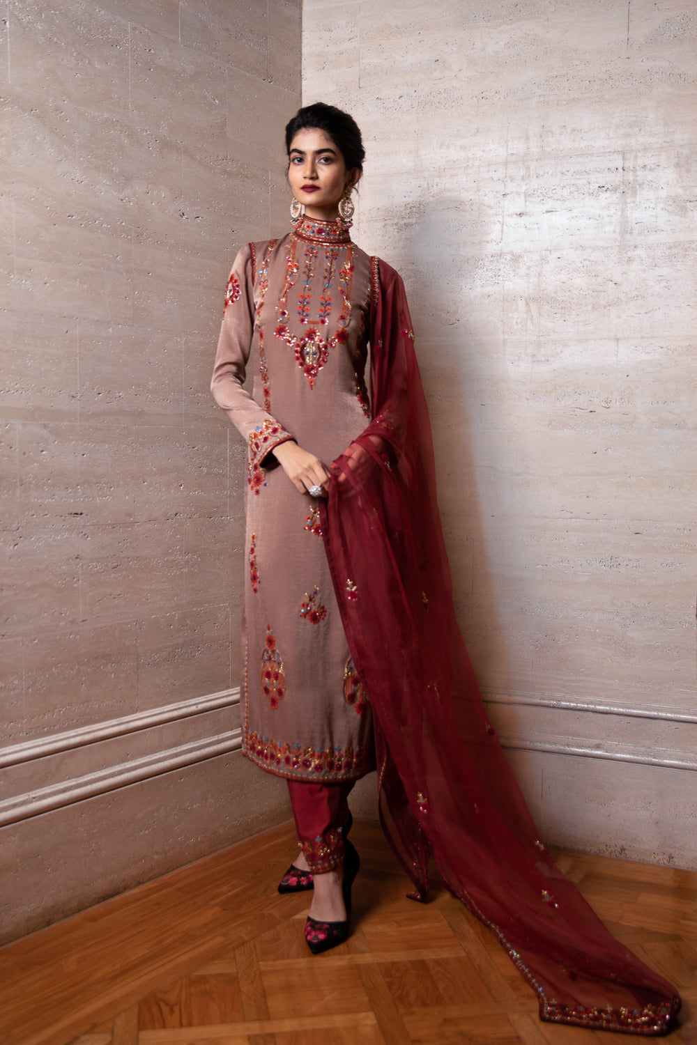 Brown Kurta Palazzo and Dupatta Set
