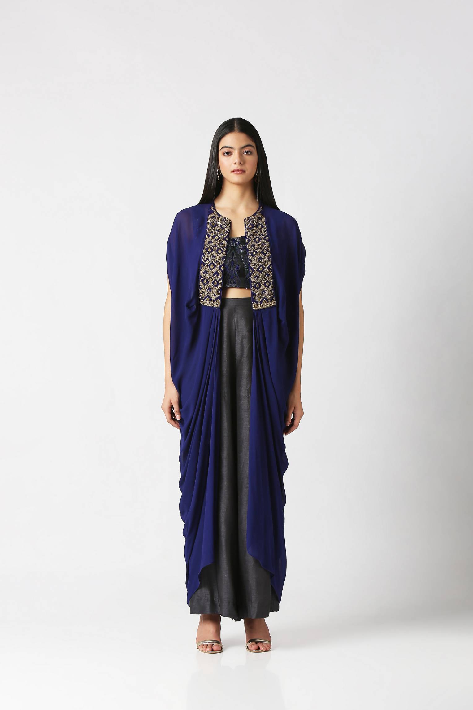 Navy Blue Cape with Crop Top & Palazzo
