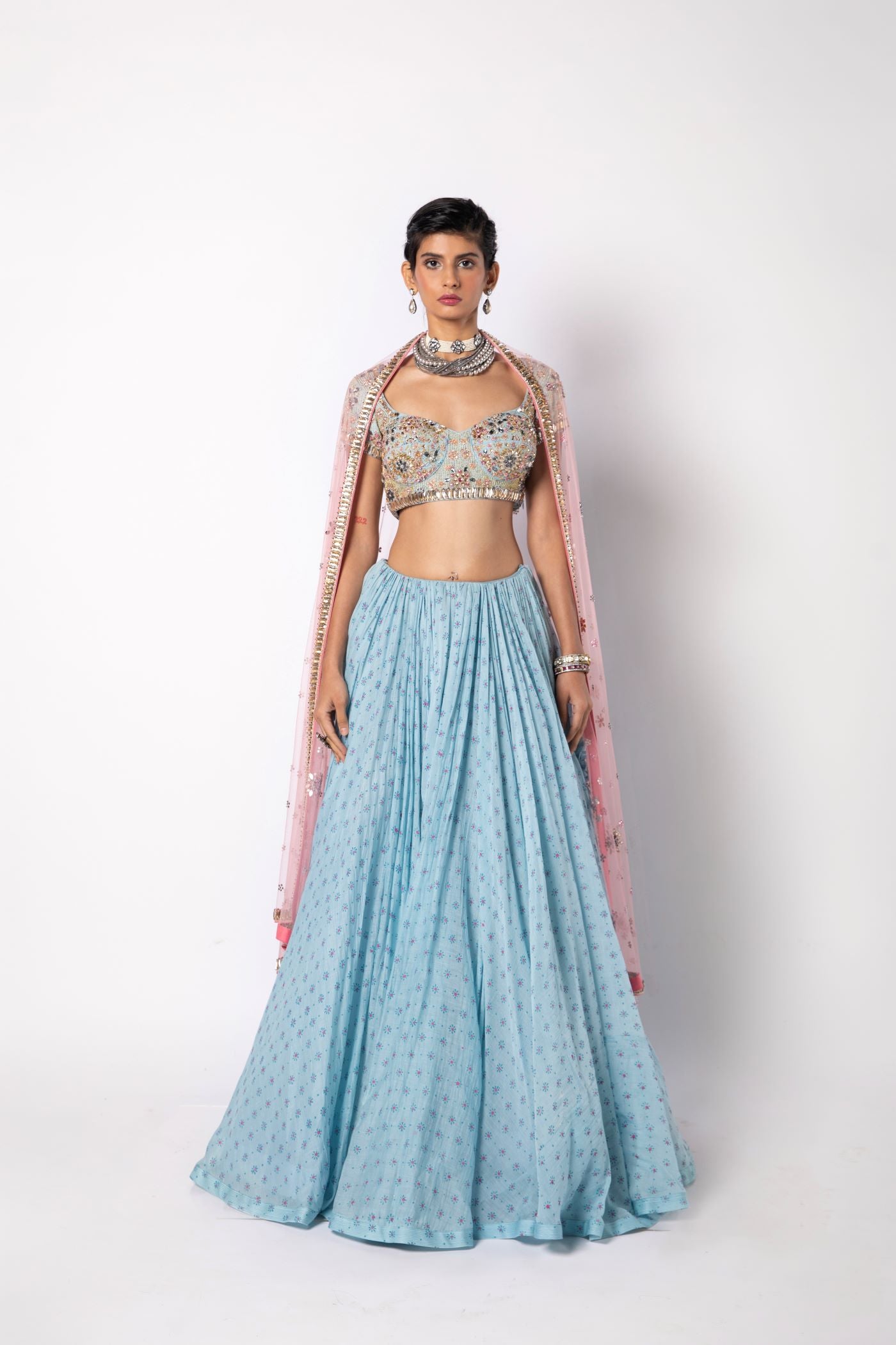 Dusk Blue Lehenga & Sweetheart Blouse with Dupatta Set