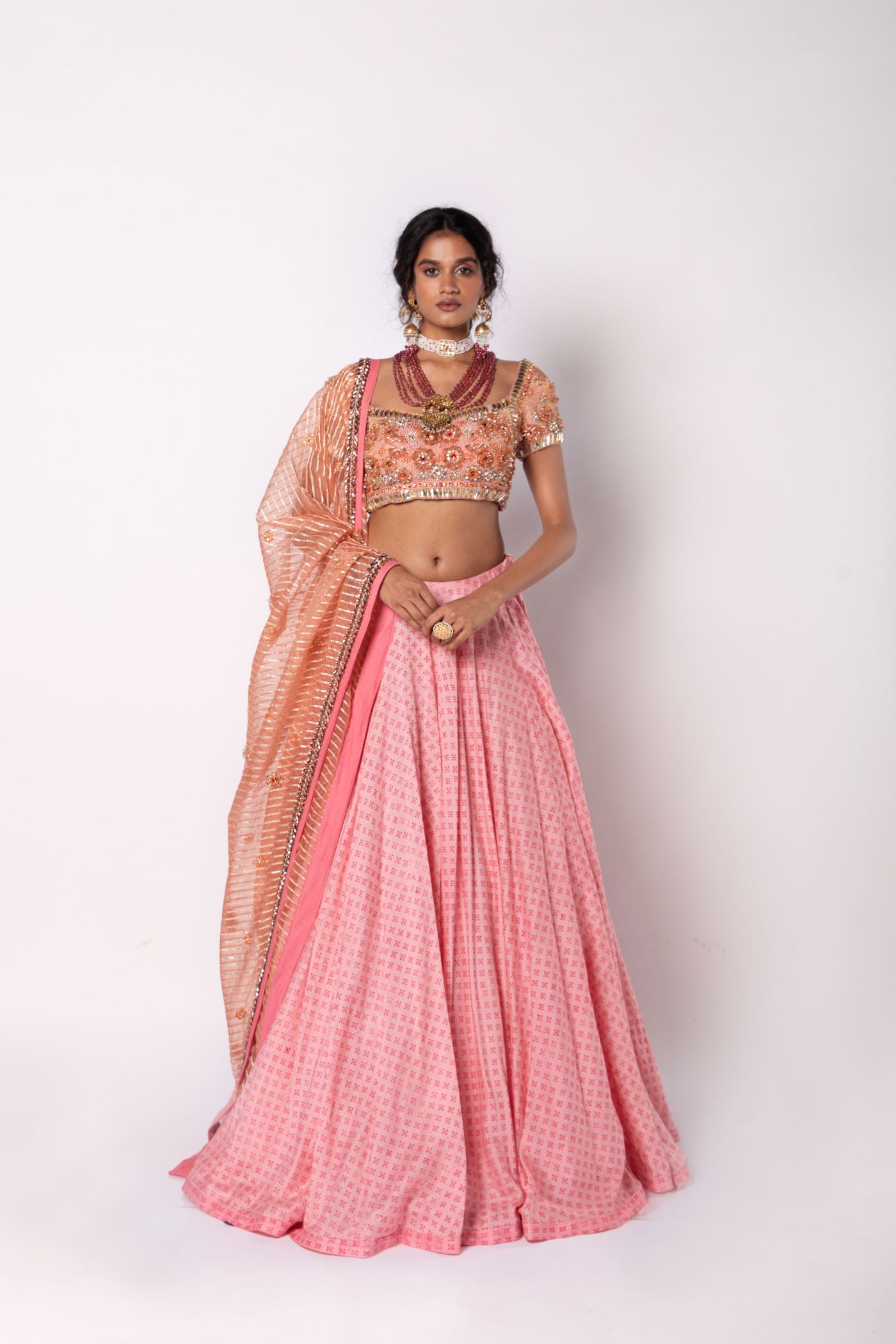 Roseate Pink Short kurta with Lehenga & Dupatta Set