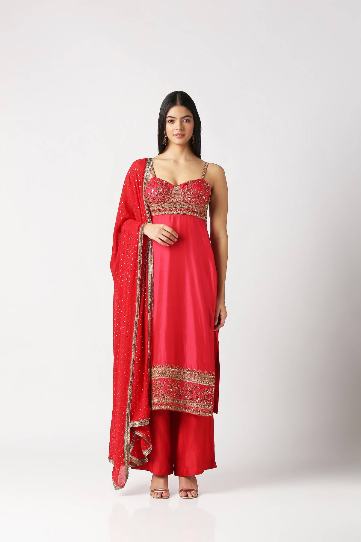 Fiesta Pink Strap Kurta with Palazzo Pant & Dupatta Set