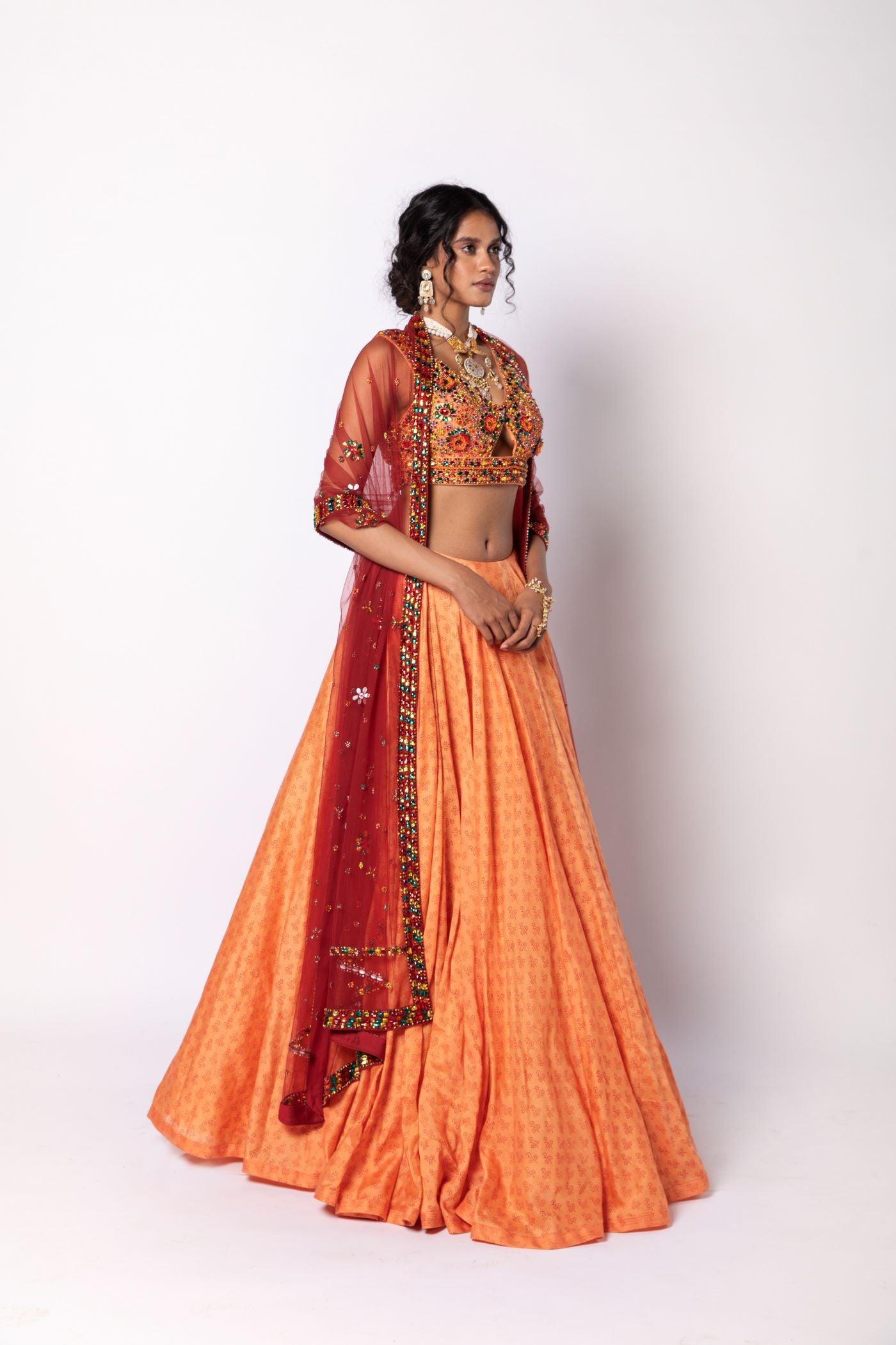 Melon Orange Lehenga with Blouse & Dupatta Set