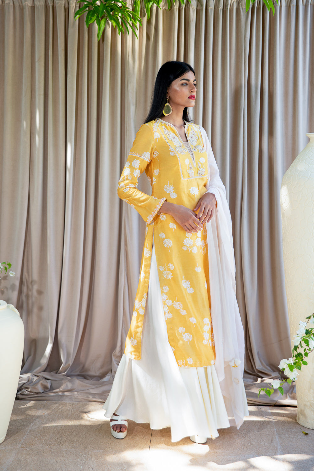 Yellow Kurta With Flared Pallazo and Dupatta