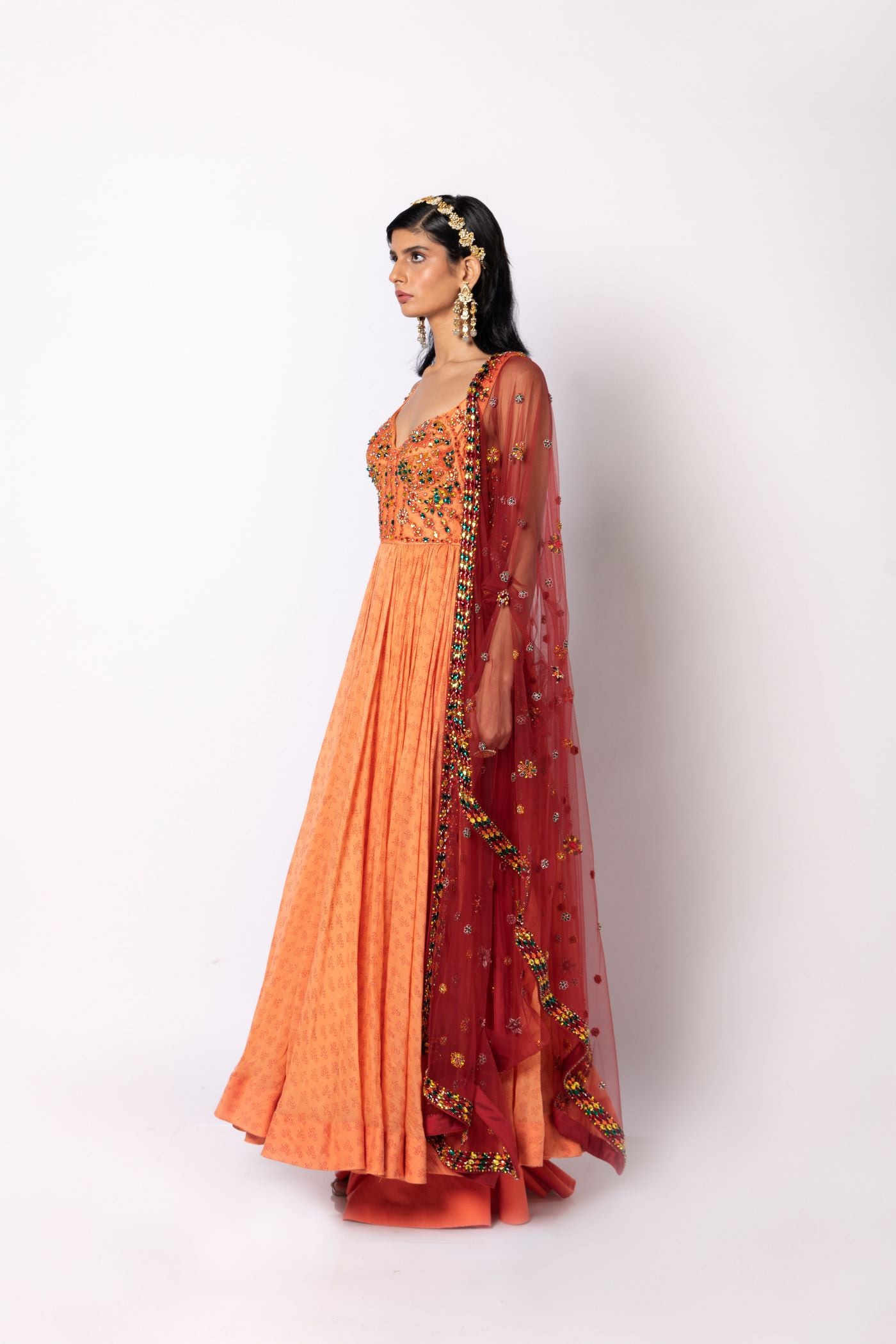 Melon Orange Dress with Pants & Dupatta Set