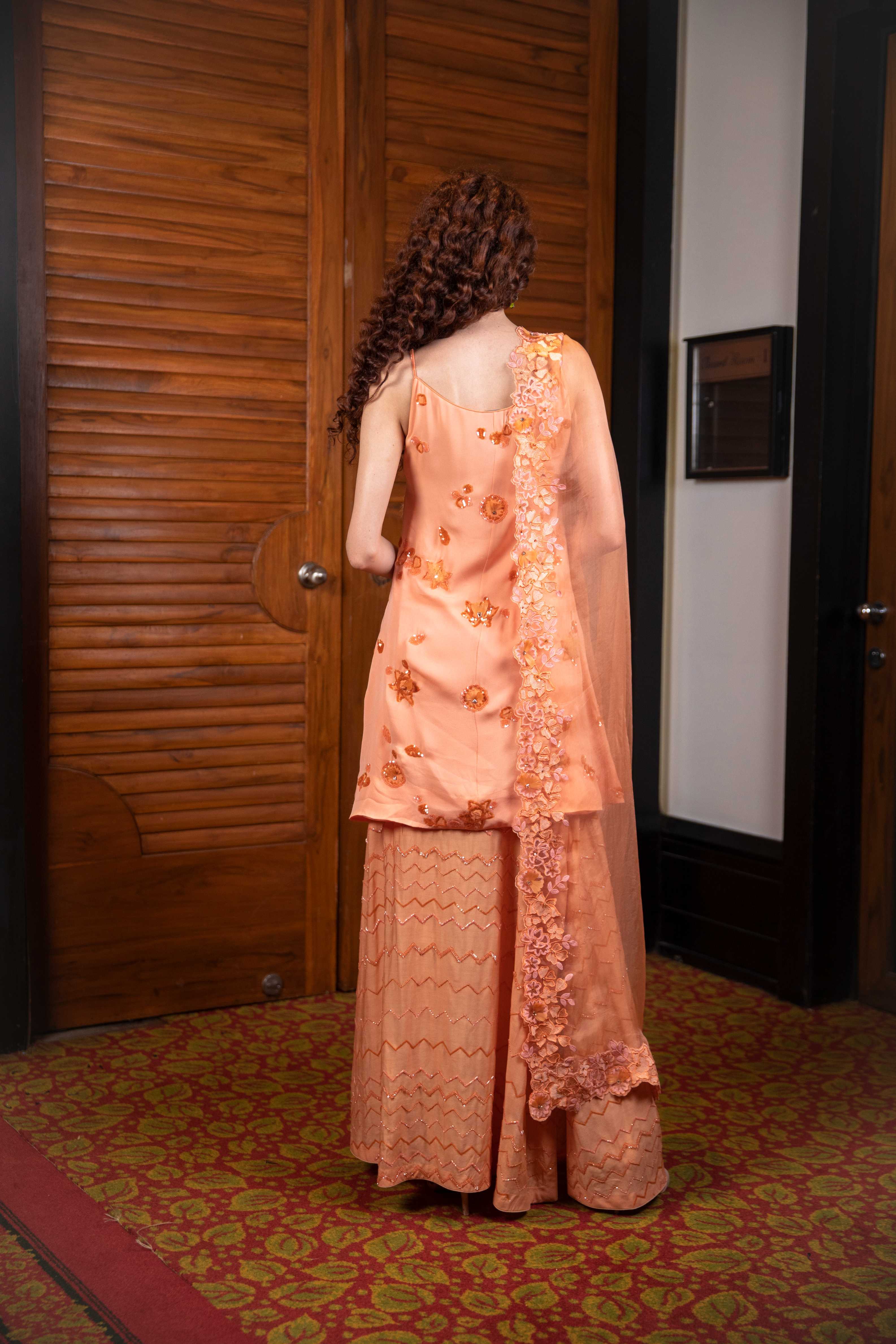 Orange Kurta with Slit Skirt & Dupatta Set