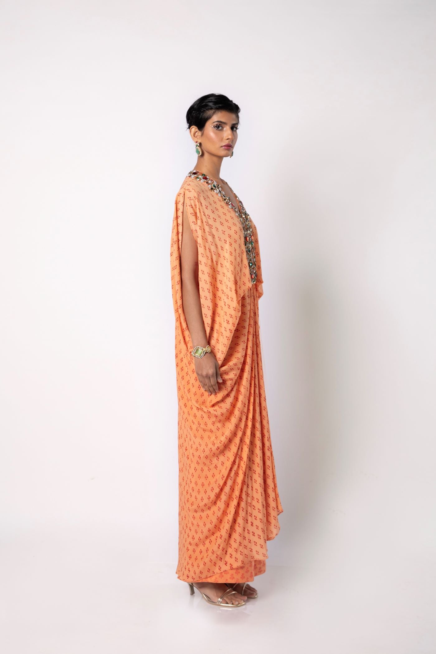 Melon Orange Kaftan with Straight Pants Set