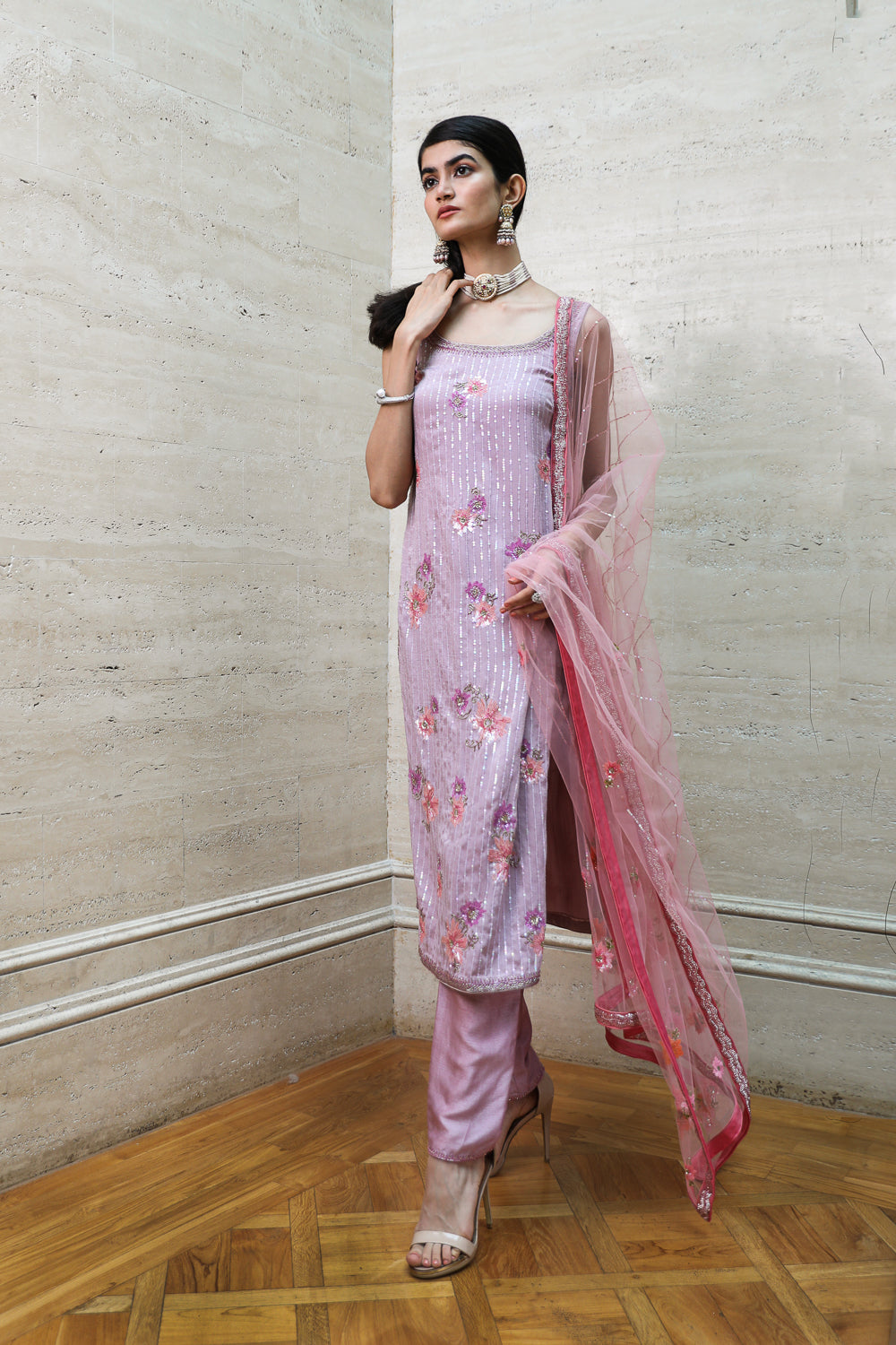 Mauve Kurta Palazzo and Dupatta Set