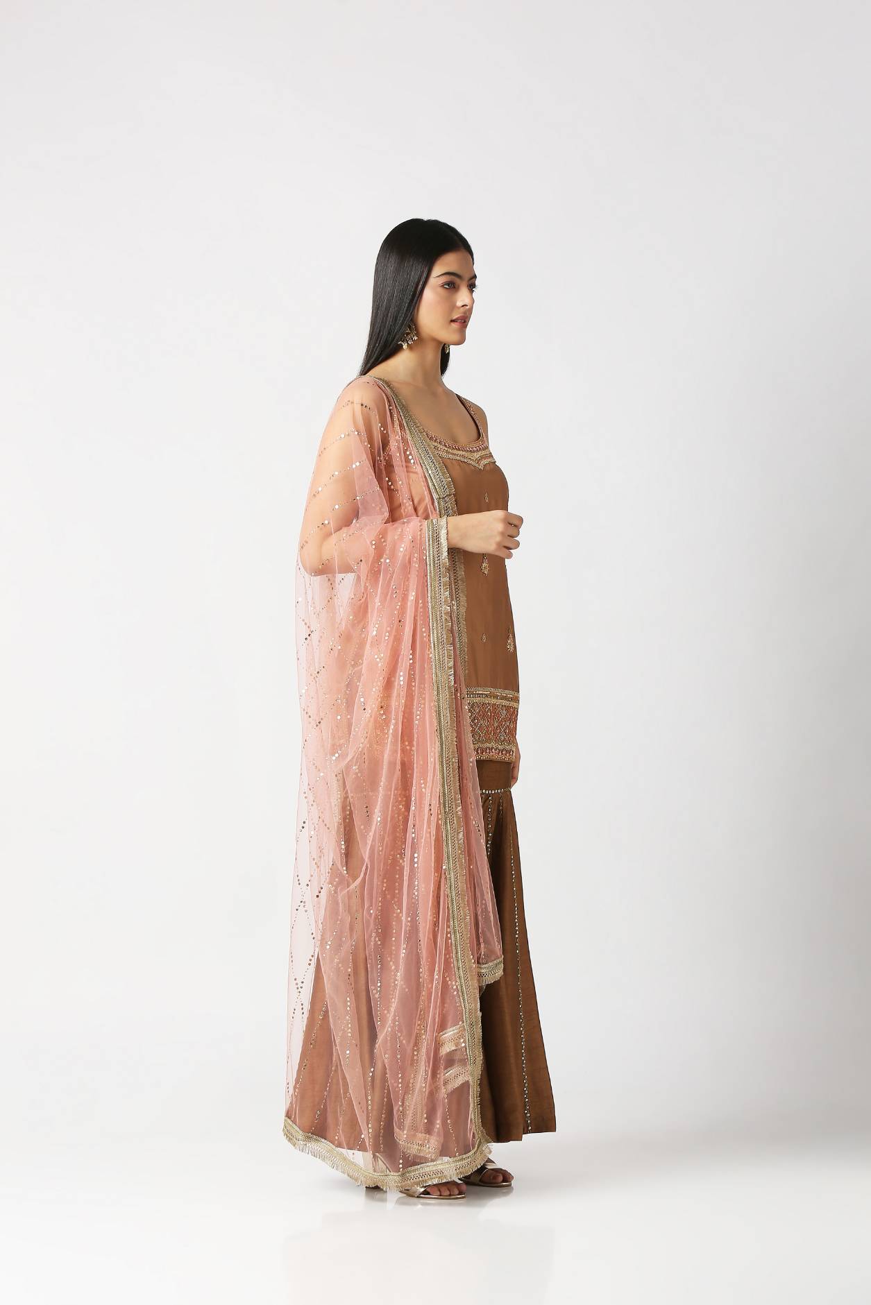 Mocha Brown Short Kurta With Sharara & Dupatta Set