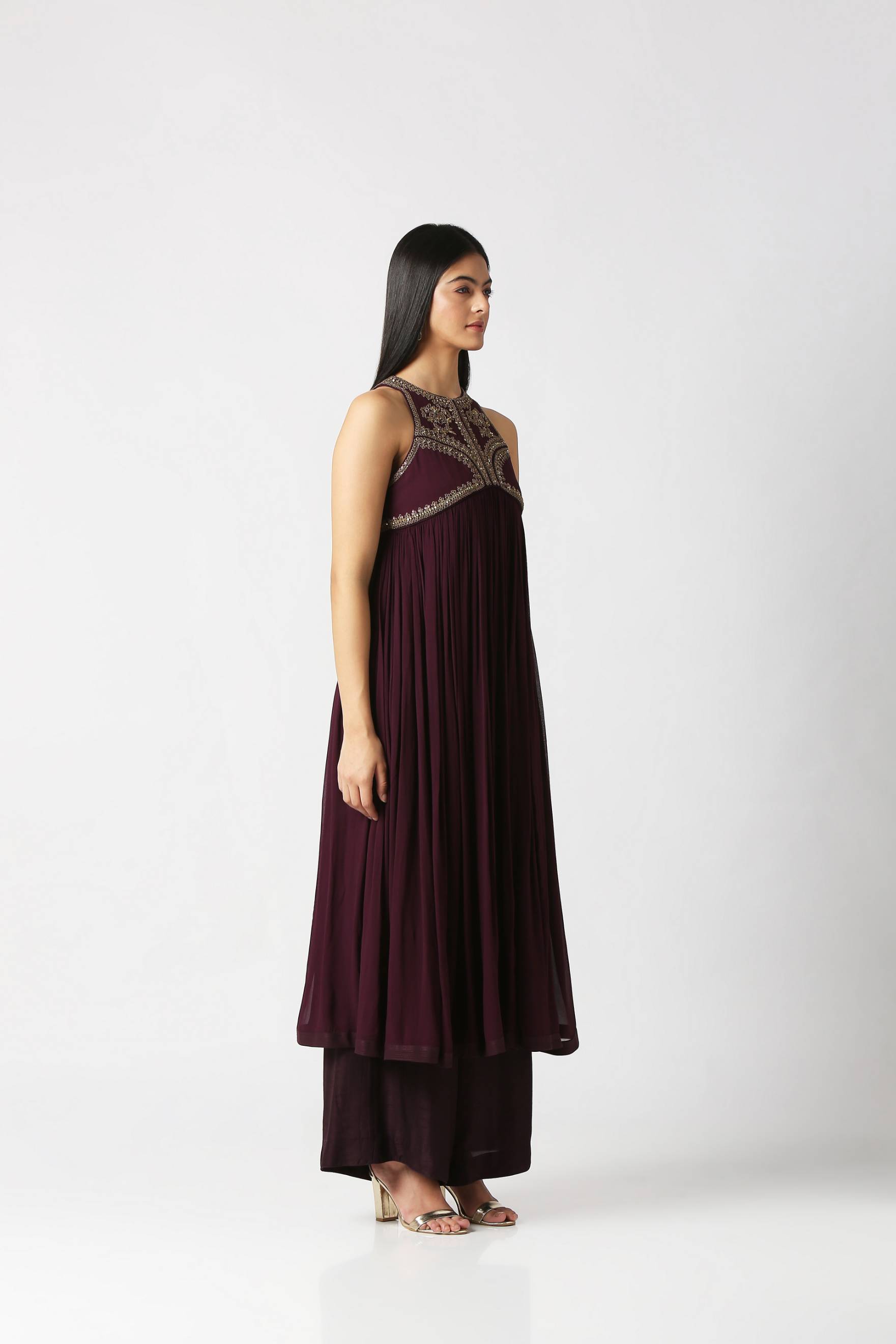 Berry Purple Gathered Kurta with Palazzo Pant