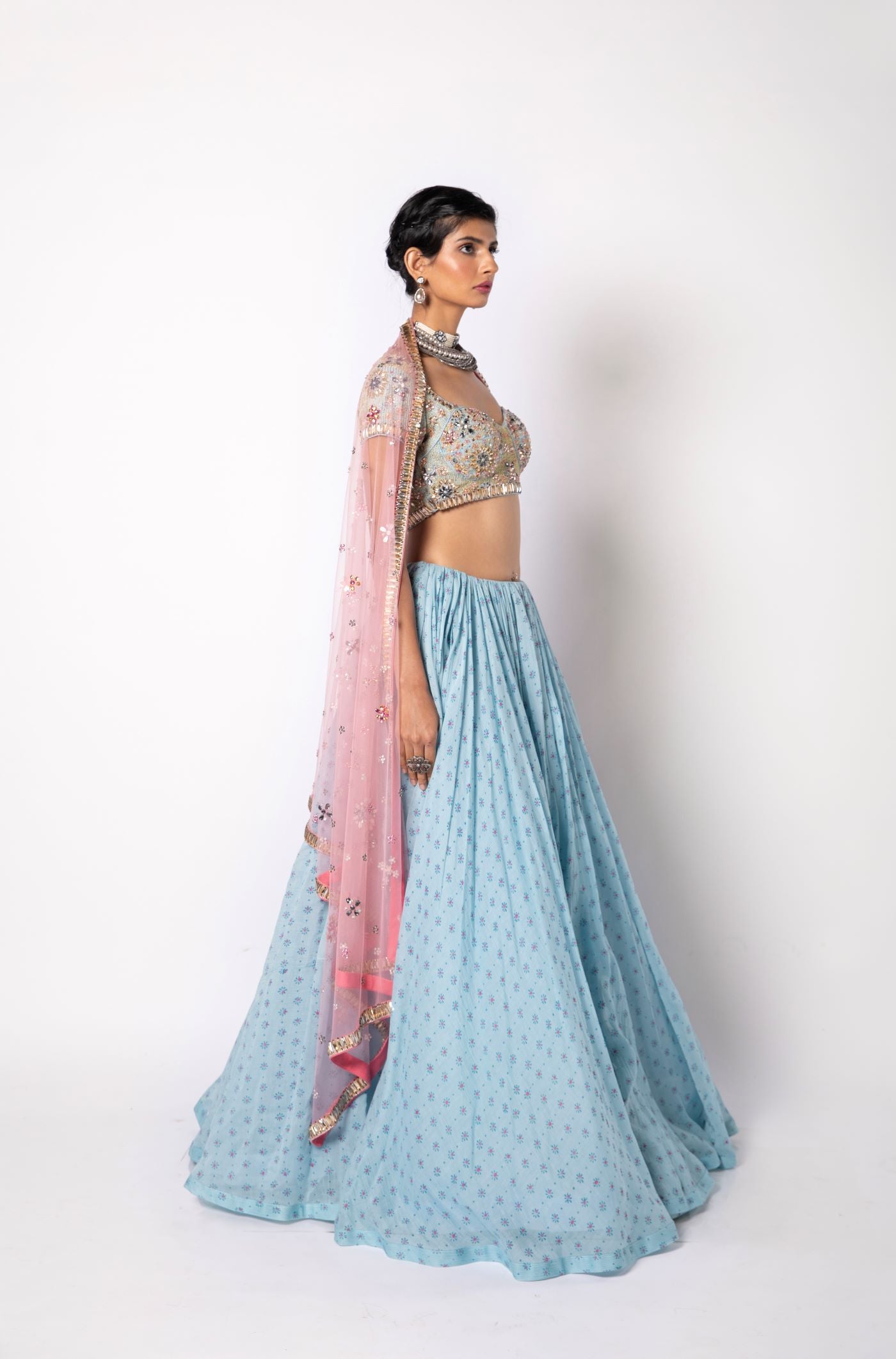 Dusk Blue Lehenga & Sweetheart Blouse with Dupatta Set