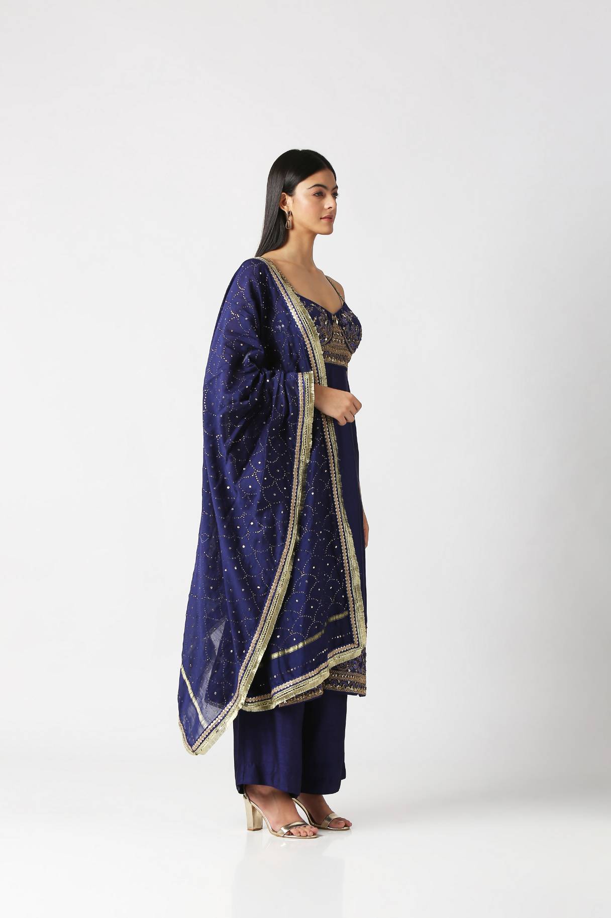Navy Blue Strap Kurta with Palazzo Pant & Dupatta Set