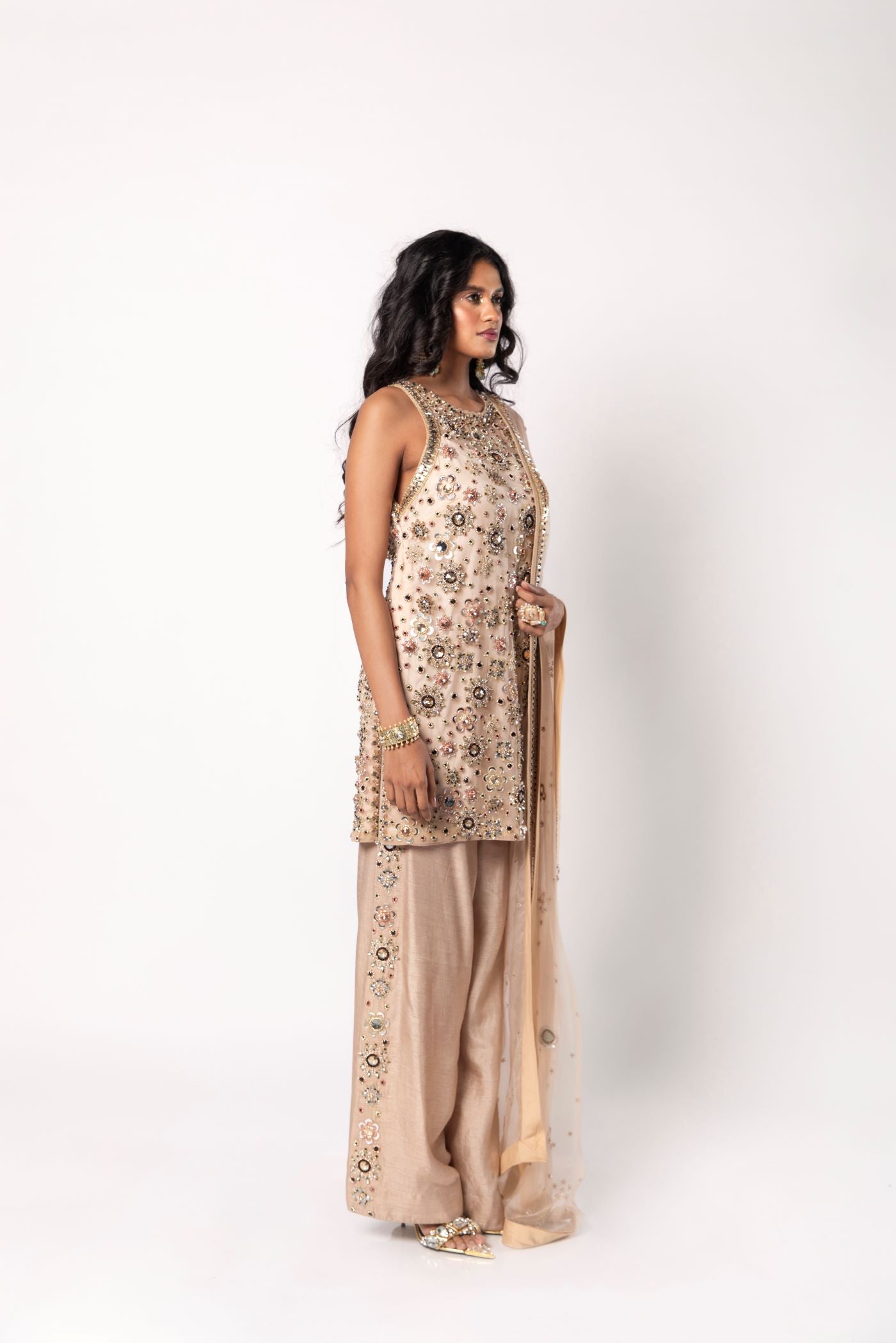 Beige Short Kurta with Straight Pants and Dupatta Set