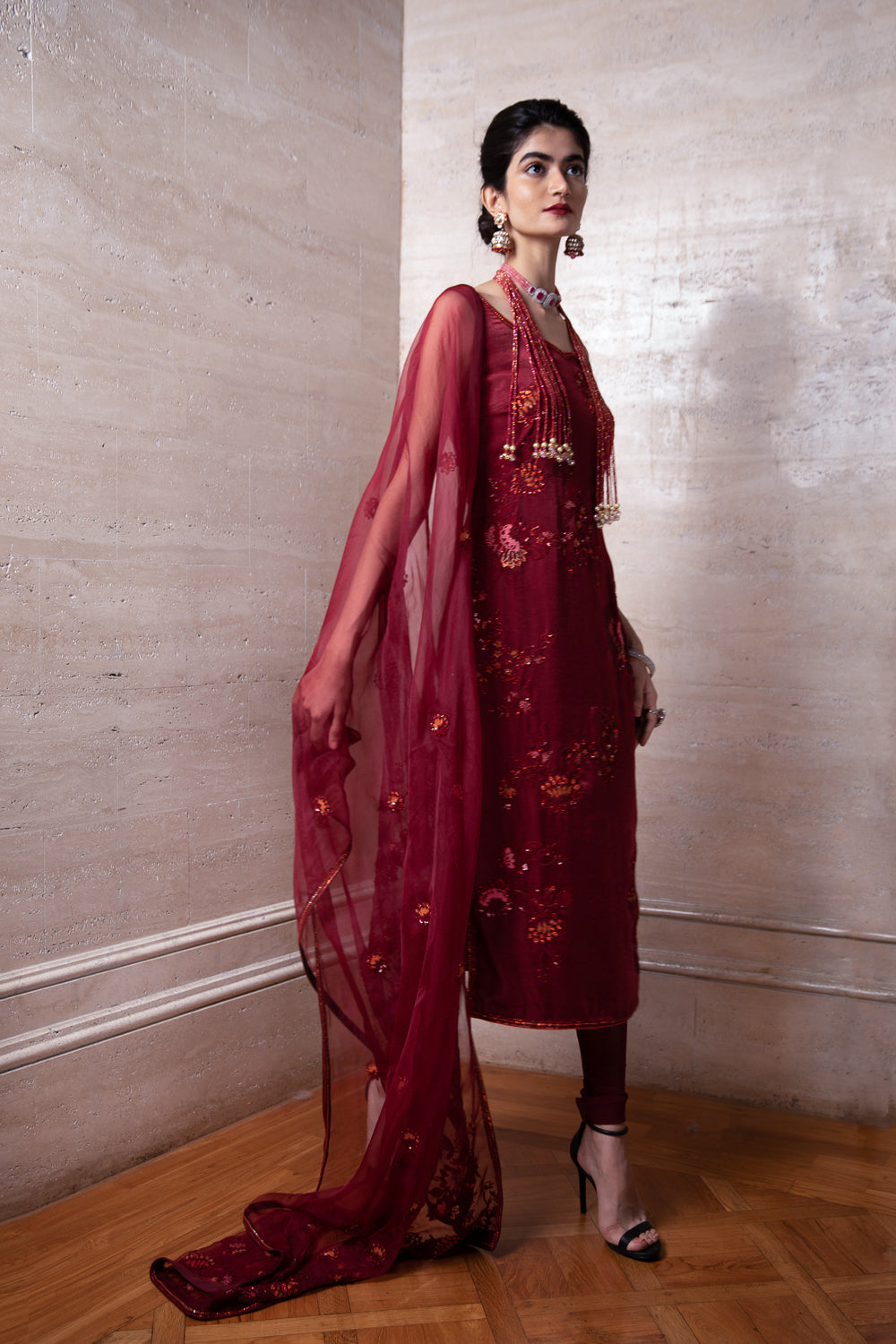 Maroon Kurta Palazzo and Dupatta Set
