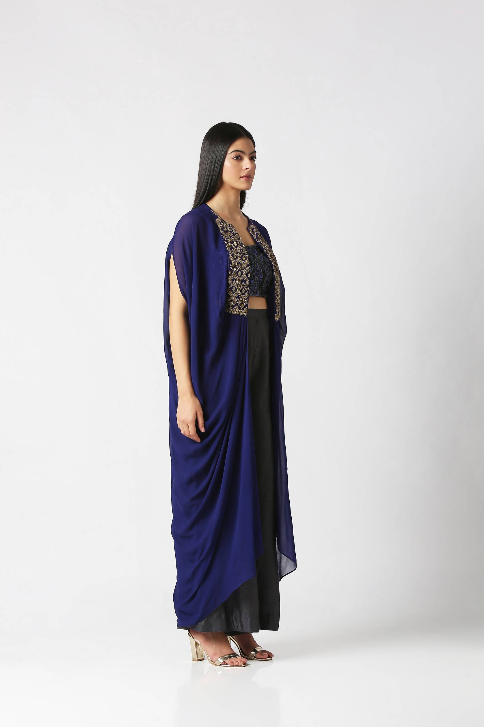 Navy Blue Cape with Crop Top & Palazzo