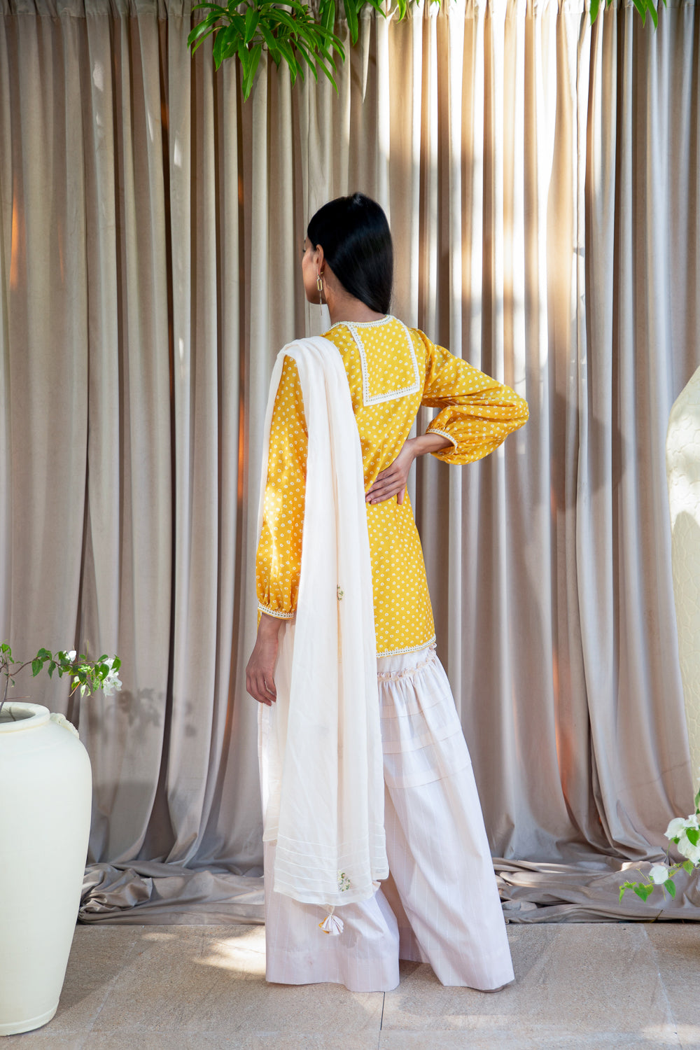 Yellow Short Kurta with Gharara And Dupatta
