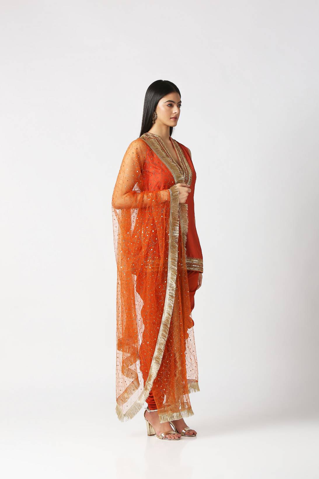 Orangeade Short Kurta With Gathered Patiala and Dupatta Set