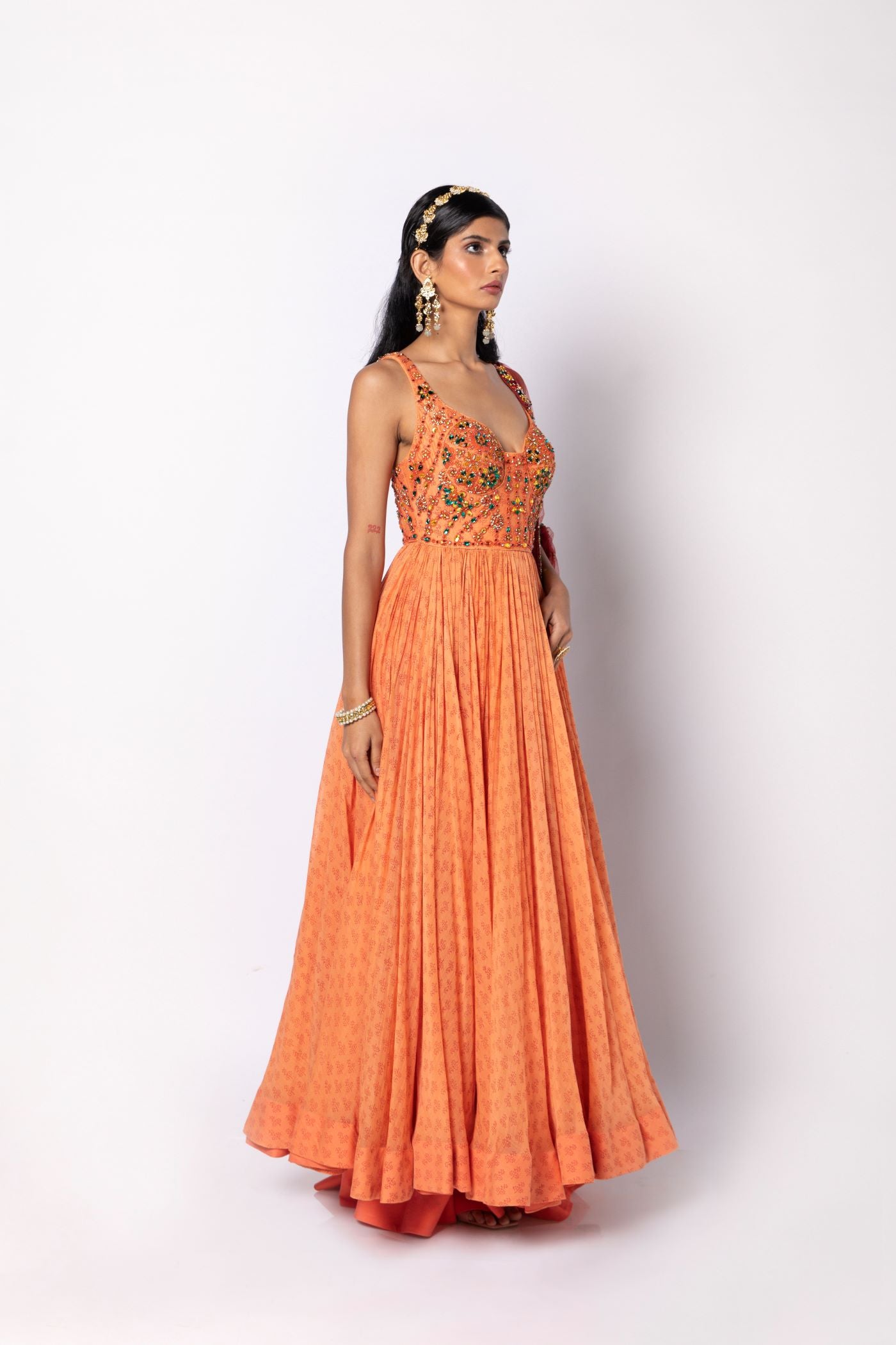 Melon Orange Dress with Pants & Dupatta Set