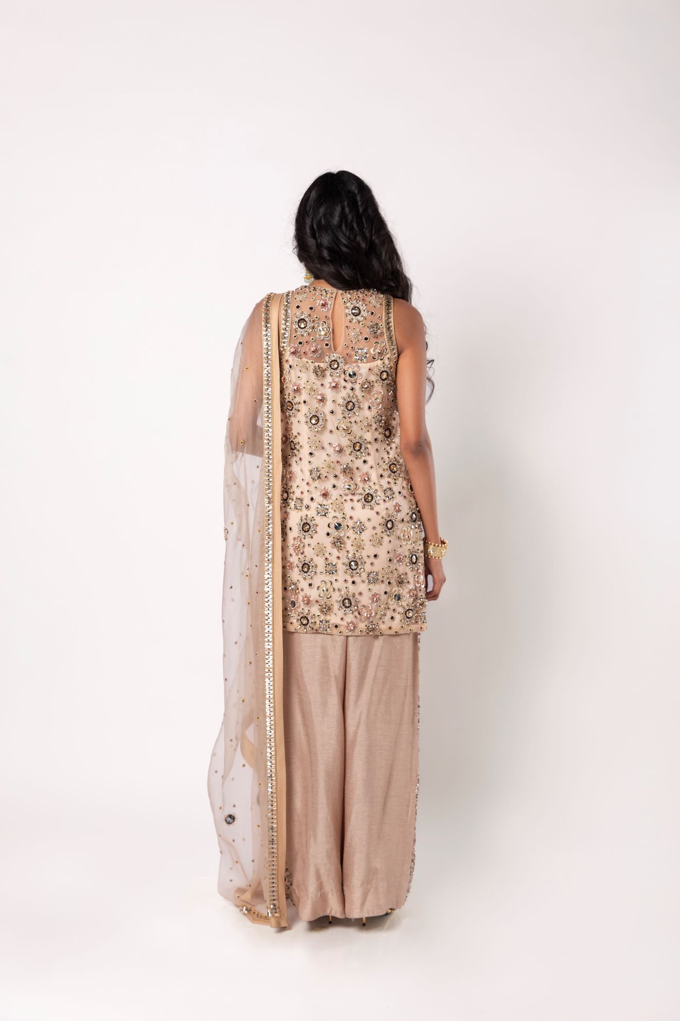 Beige Short Kurta with Straight Pants and Dupatta Set