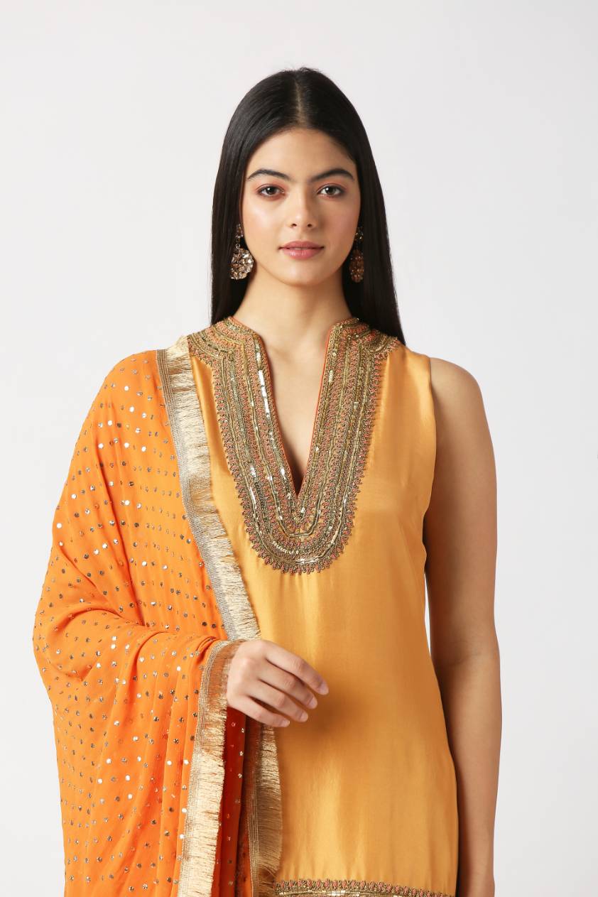 Sunflower Yellow Short Kurta With Gathered Patiala & Dupatta Set