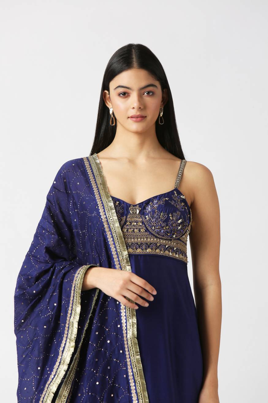Navy Blue Strap Kurta with Palazzo Pant & Dupatta Set
