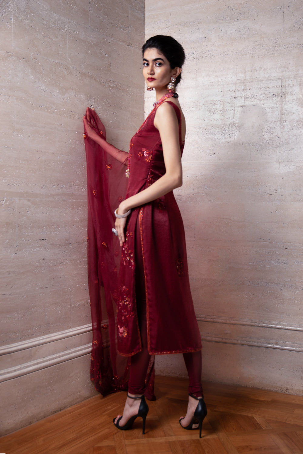 Maroon Kurta Palazzo and Dupatta Set