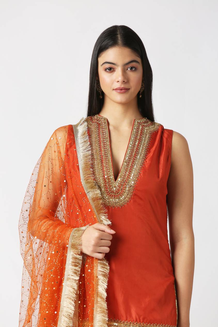 Orangeade Short Kurta With Gathered Patiala and Dupatta Set