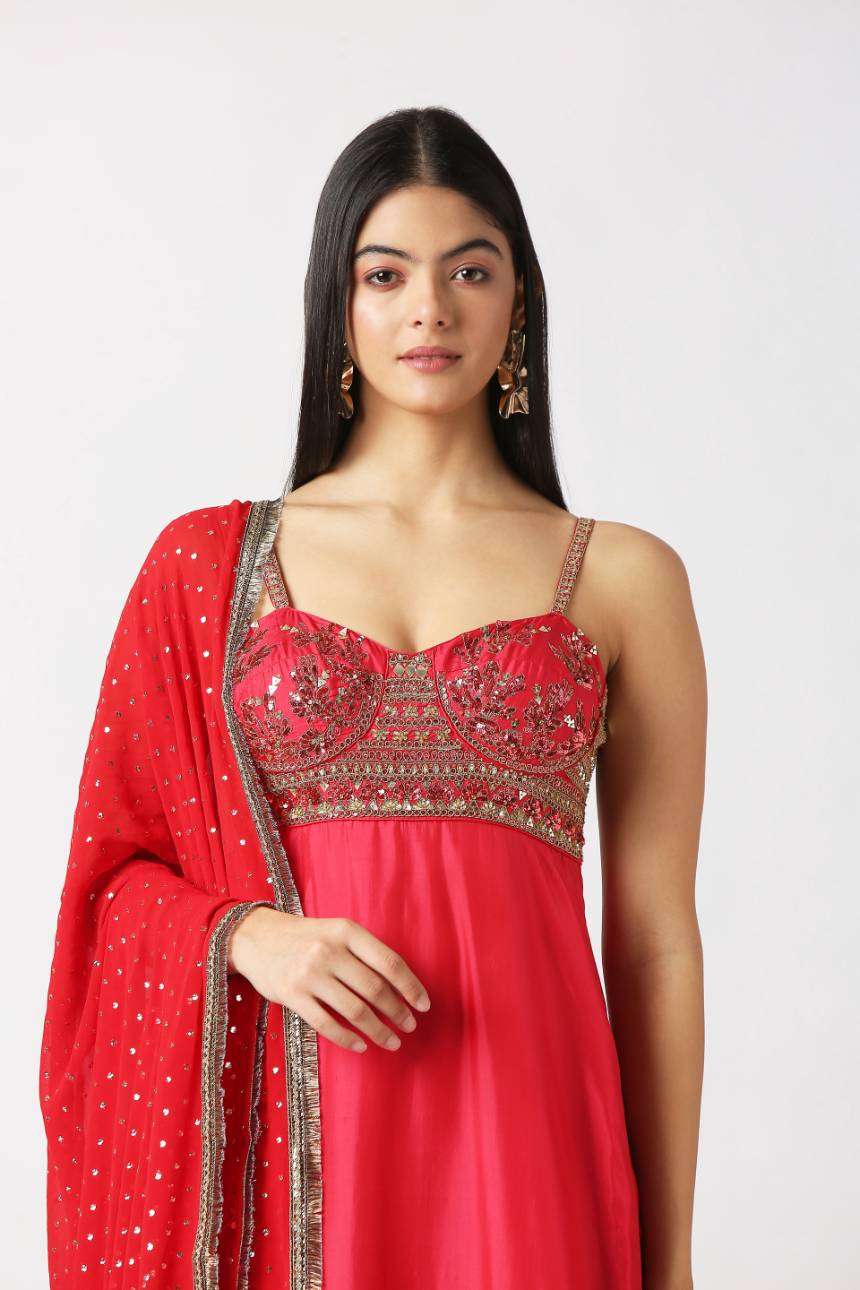 Fiesta Pink Strap Kurta with Palazzo Pant & Dupatta Set