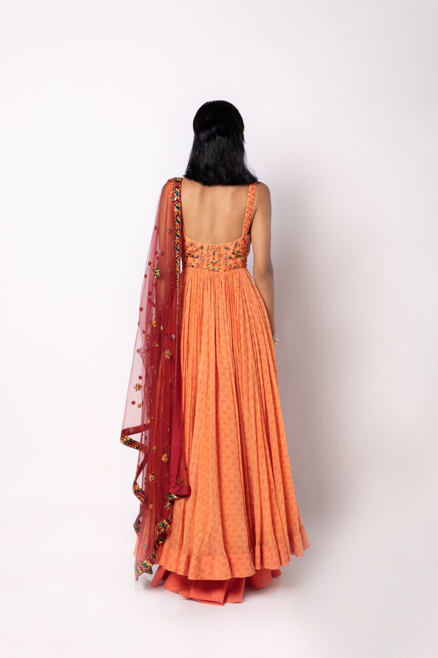 Melon Orange Dress with Pants & Dupatta Set