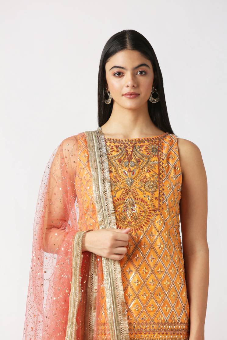 Mango Yellow Short Heavy Kurta with Panelled Sharara Set