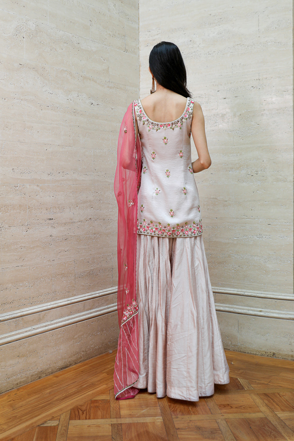 Beige Short Tunic Sharara Dupatta Set