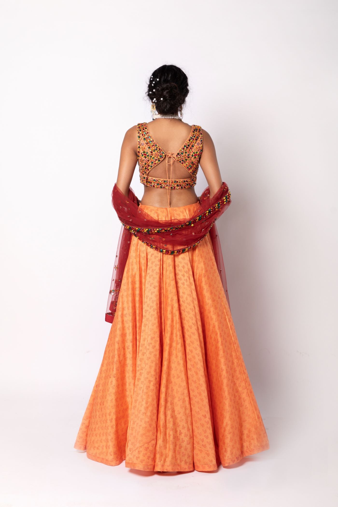 Melon Orange Lehenga with Blouse & Dupatta Set