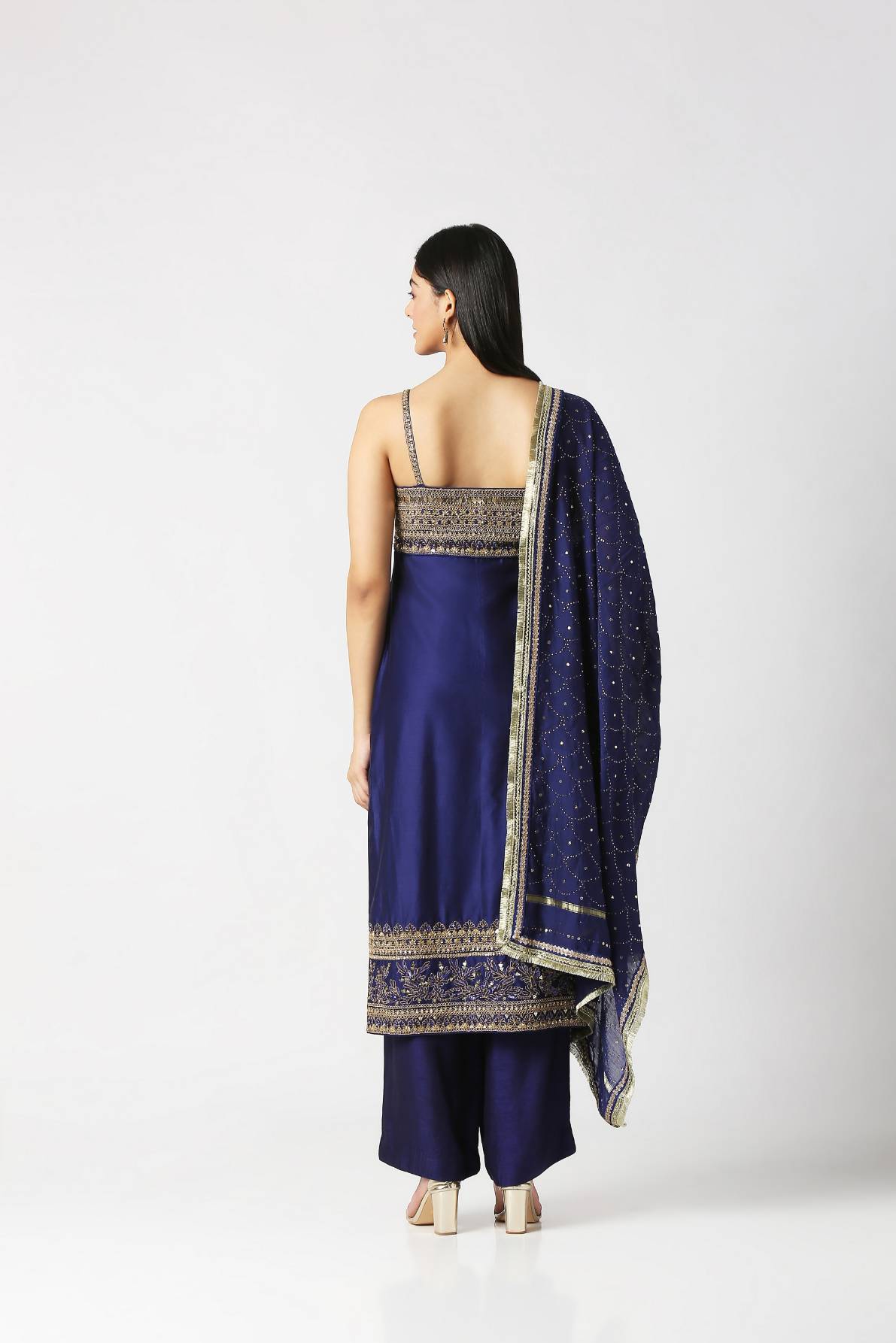 Navy Blue Strap Kurta with Palazzo Pant & Dupatta Set